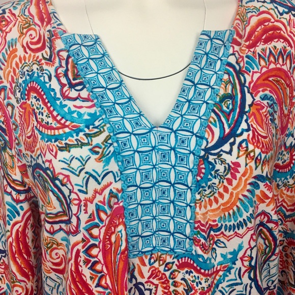 Crown & Ivy Petite XL Dress 3/4 Sleeve Split Front V-Neck Stretch Vibrant Print - Picture 4 of 16